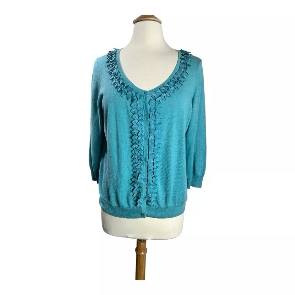 Talbots Cardigan Sweater L Linen Cotton Blend Half Sleeve Ruffle Button Front